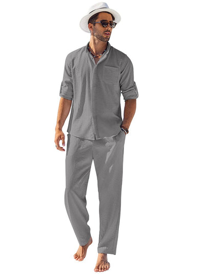 2-Piece Linen Long Sleeve Shirt Sets (US Only) Sets coofandy Light Grey S 