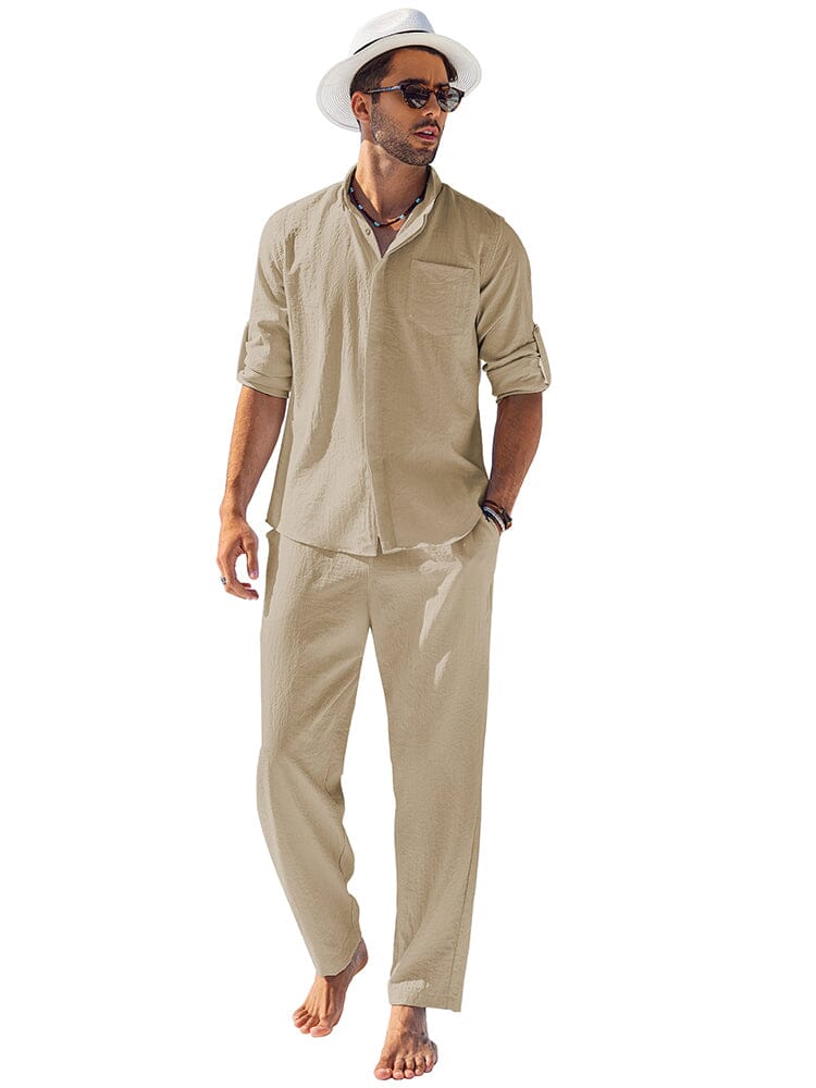 2-Piece Linen Long Sleeve Shirt Sets (US Only) Sets coofandy Light Khaki S 