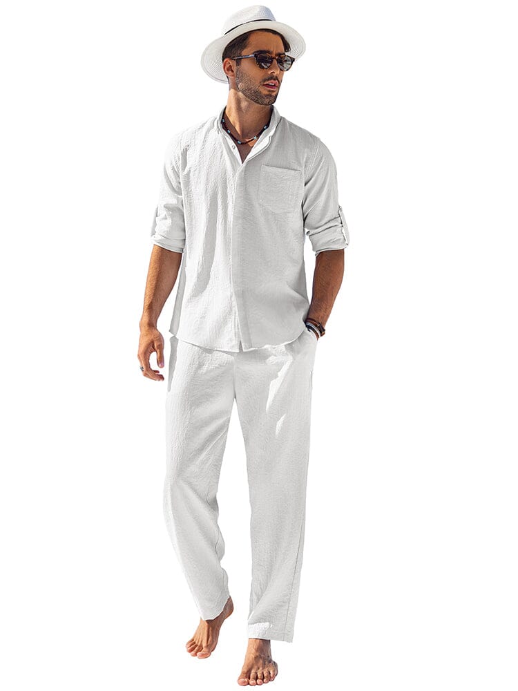 2-Piece Linen Long Sleeve Shirt Sets (US Only) Sets coofandy White S 