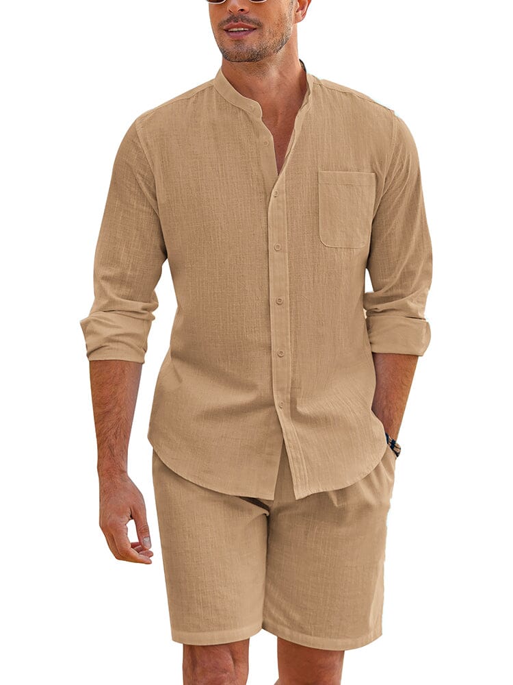 Casual 100% Cotton Beach Shirt Sets (US Only) Beach Sets coofandy Camel S 
