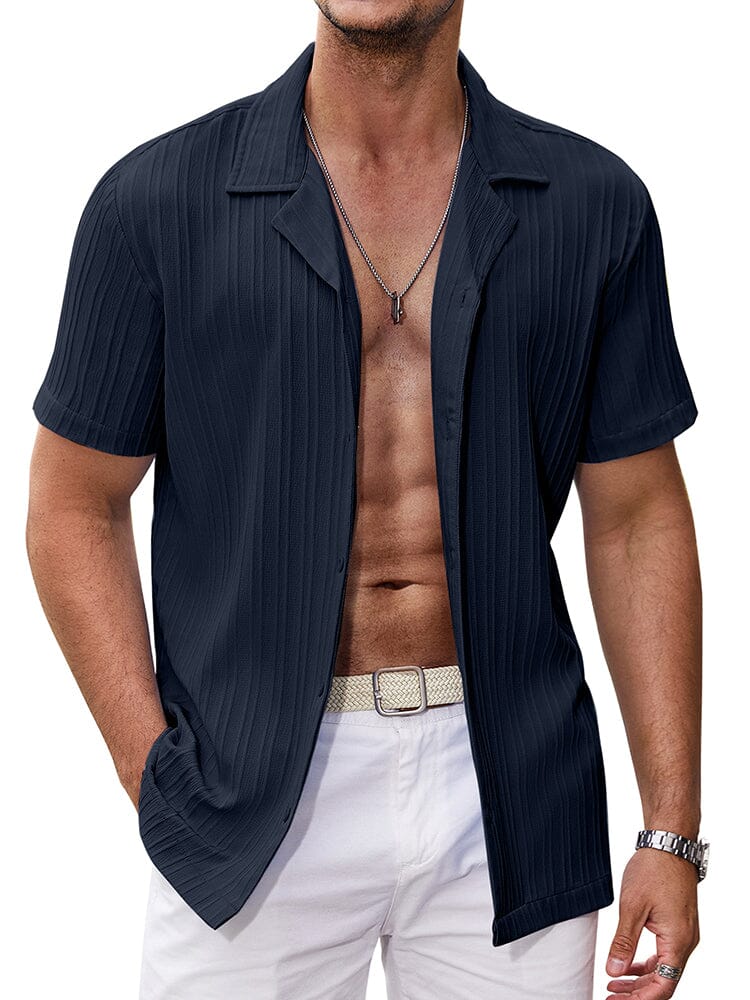 Casual Breathable Solid Pit Stripe Shirt (US Only) Shirts coofandy Navy Blue S 