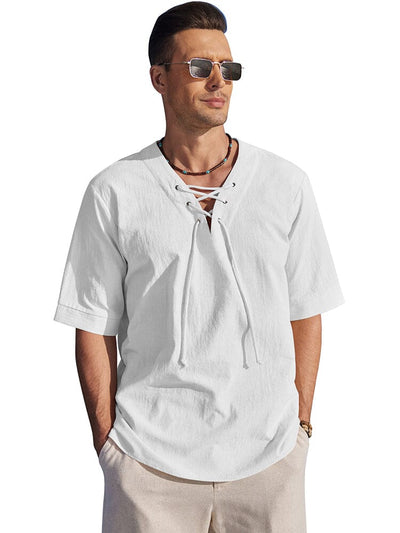 Casual Breathable Lace Up Shirt (US Only) Shirts coofandy White S 
