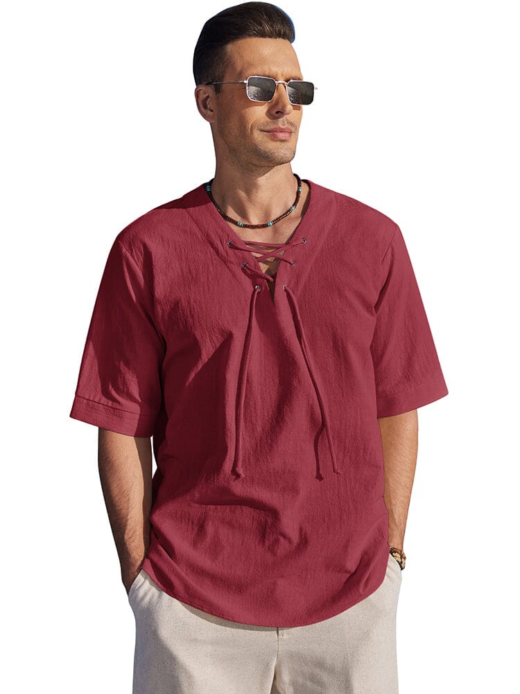 Casual Breathable Lace Up Shirt (US Only) Shirts coofandy Wine Red S 