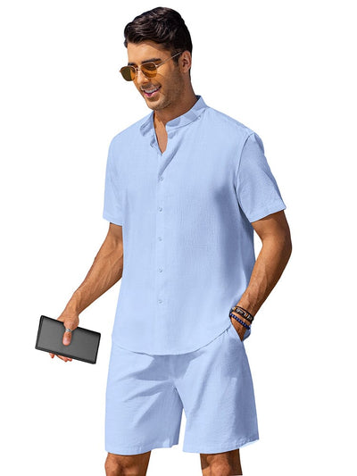 Casual Cotton Linen Stand Collar Shirt Set (US Only) Sets coofandy Sky Blue S 