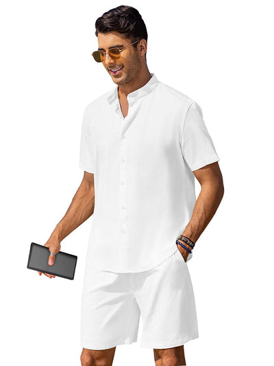 Casual Cotton Linen Stand Collar Shirt Set (US Only) Sets coofandy White S 