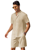 Casual Cotton Linen Stand Collar Shirt Set (US Only) Sets coofandy Light Coffee S 