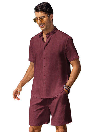 Casual Cotton Linen Stand Collar Shirt Set (US Only) Sets coofandy Wine Red S 