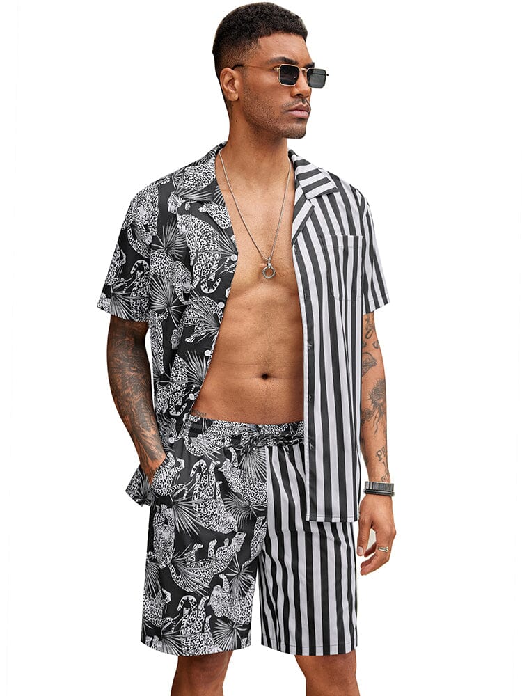 Hawaiian Splicing Beach Shirt Set (US Only) Beach Sets coofandy Black Leopard S 