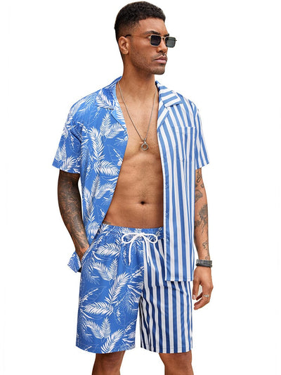 Hawaiian Splicing Beach Shirt Set (US Only) Beach Sets coofandy Blue S 