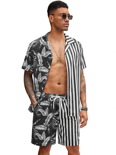 Hawaiian Splicing Beach Shirt Set (US Only) Beach Sets coofandy Black S 