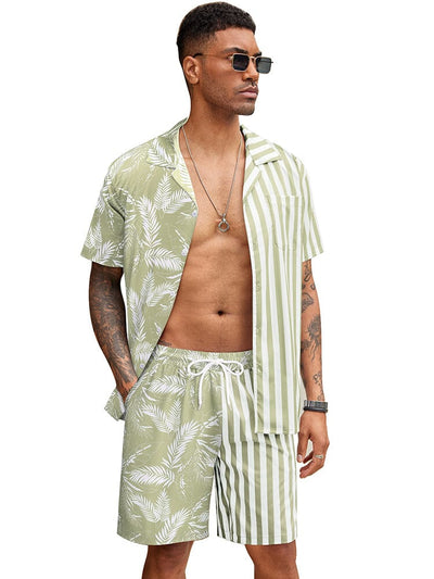 Hawaiian Splicing Beach Shirt Set (US Only) Beach Sets coofandy Light Green S 