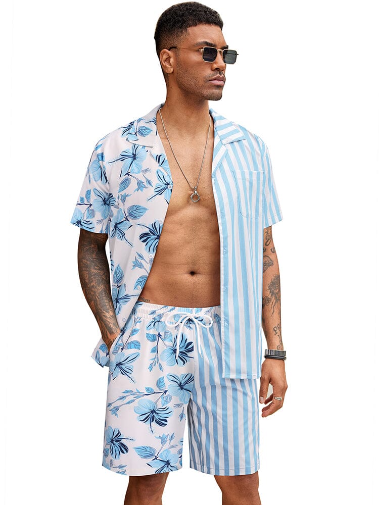 Hawaiian Splicing Beach Shirt Set (US Only) Beach Sets coofandy Light Blue S 