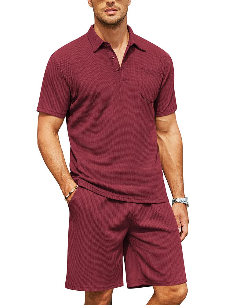 Cozy Waffle Polo Tracksuit Sets (US Only) Sports Set coofandy Wine Red S 
