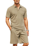 Cozy Waffle Polo Tracksuit Sets (US Only) Sports Set coofandy Khaki S 