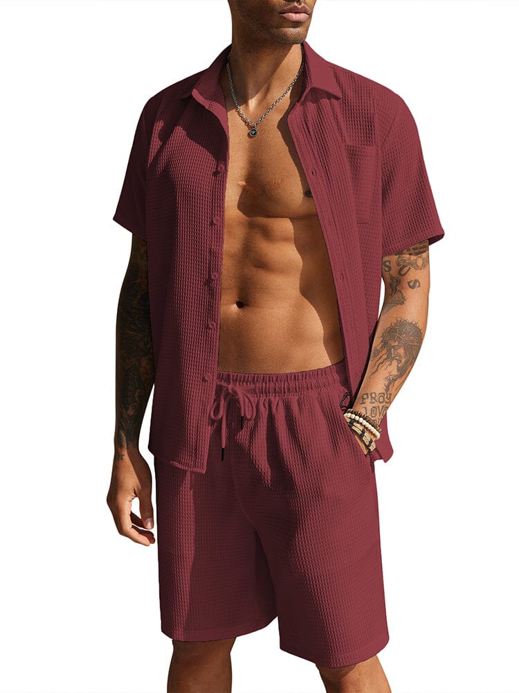 Casual Waffle Shirt Holiday Set (US Only) Sets coofandy Wine Red S 