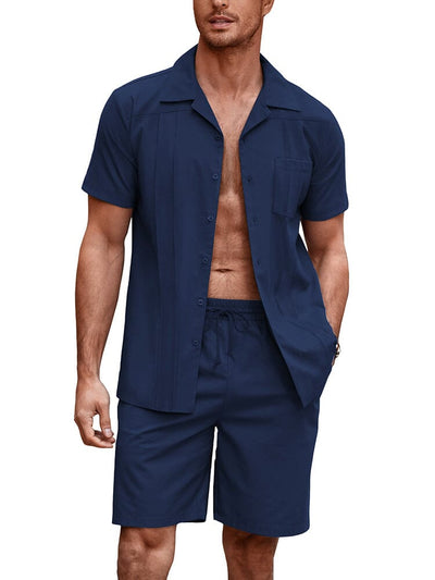 Soft Linen Blend Shirt Set (US Only) Beach Sets coofandy Navy Blue S 