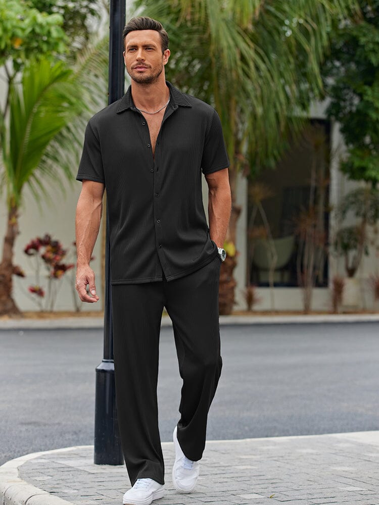 Casual Loose Fit Shirt Sets (US Only) Sets coofandy Black S 