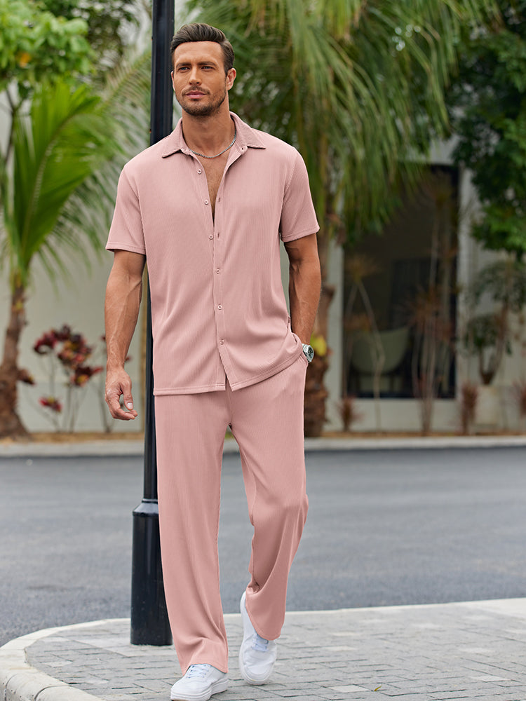 Relaxed Fit Button Down Shirt Set for Men Summer Vacation Outfits Pink / XL