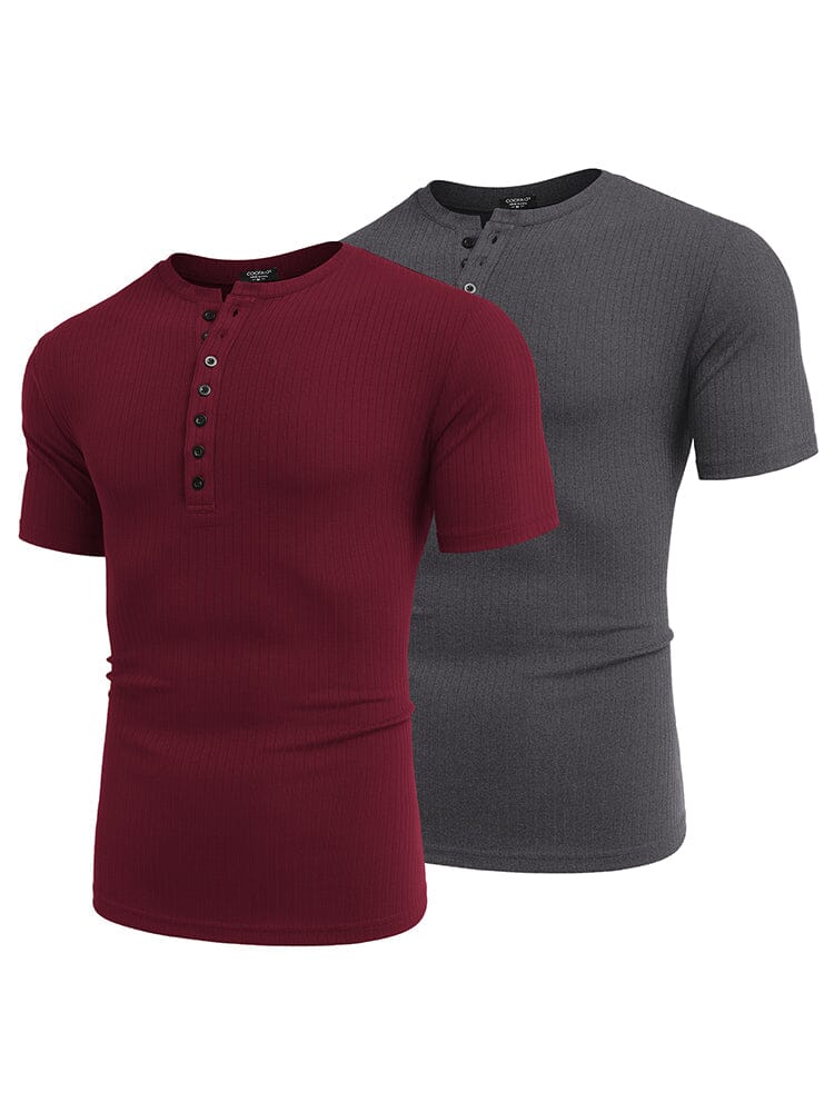 Casual 2-Pack Stretch Ribbed Shirts (US Only) Shirts coofandy Dark Gray/Wine Red S 