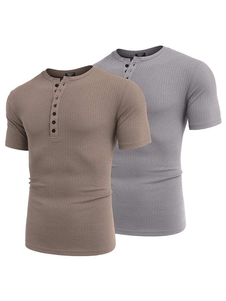 Casual 2-Pack Stretch Ribbed Shirts (US Only) Shirts coofandy Gray/Khaki S 