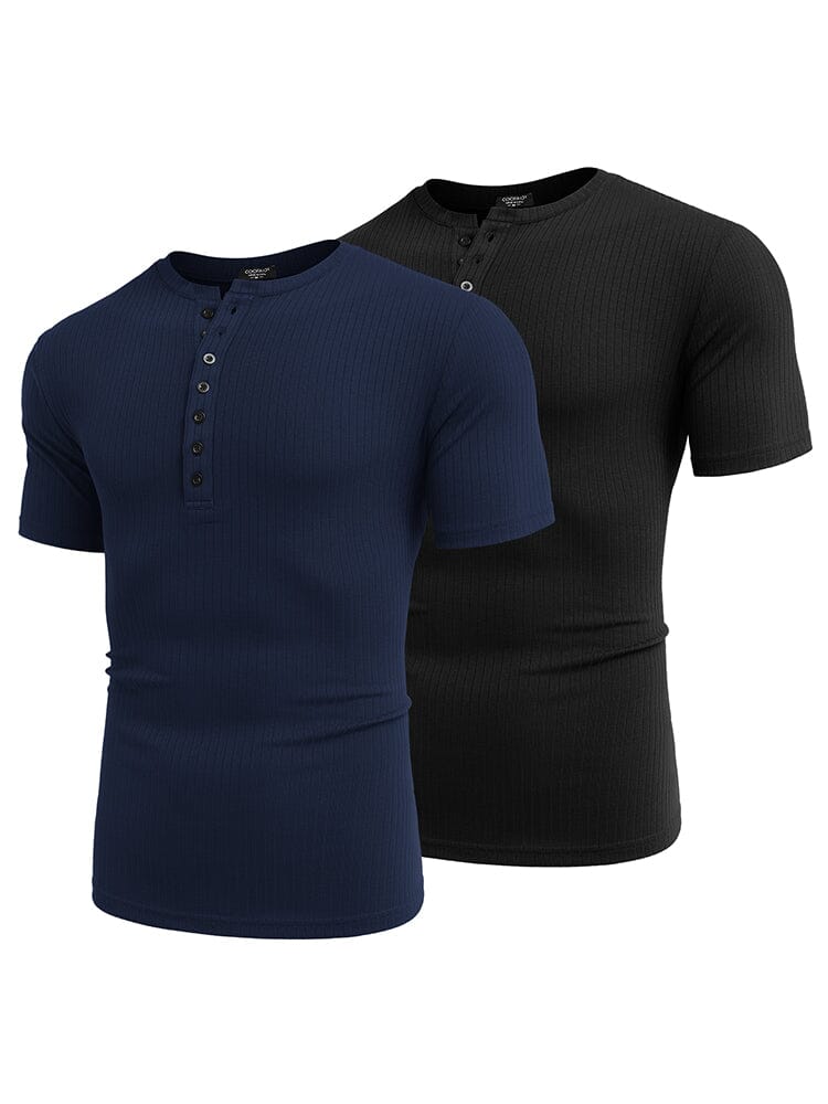 Casual 2-Pack Stretch Ribbed Shirts (US Only) Shirts coofandy Black/Navy Blue S 