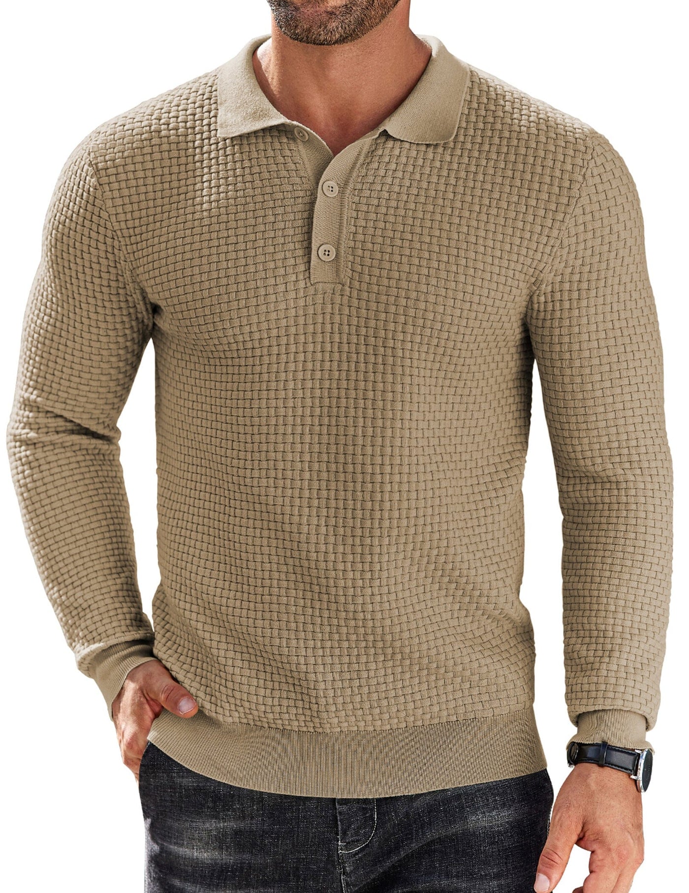 Fashion Knit Polo Collar Sweater (US Only) Sweater coofandy Khaki S 