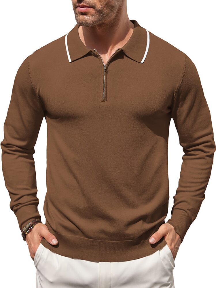 Classic Quarter Zip Polo Shirt (US Only) Polos coofandy Brown S 