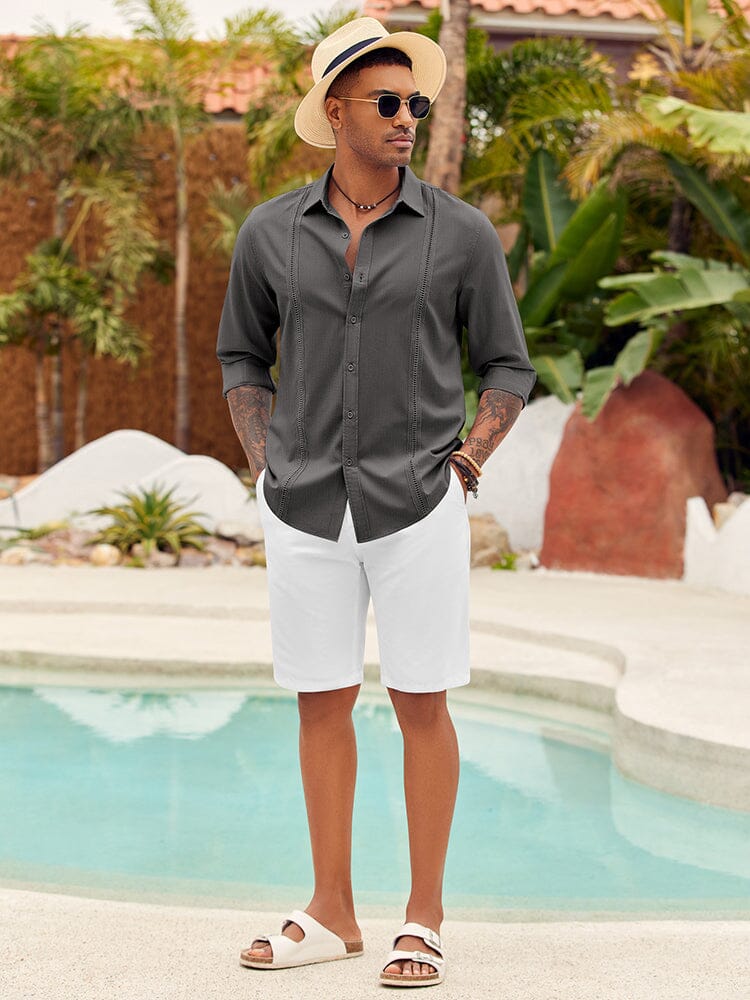 Guayabera Messicana Camicia Uomo In Lino E Cotone Maniche Corte - Stile Guayabera Cubano, Vestibilità Regolare, Ideale Per Estate Vestibilità Regolare Bottoni - Foto 8