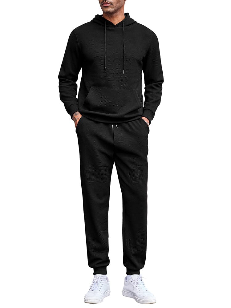 Waffle 2-Piece Hoodie Jogging Set (US Only) Sports Set coofandy Black S 