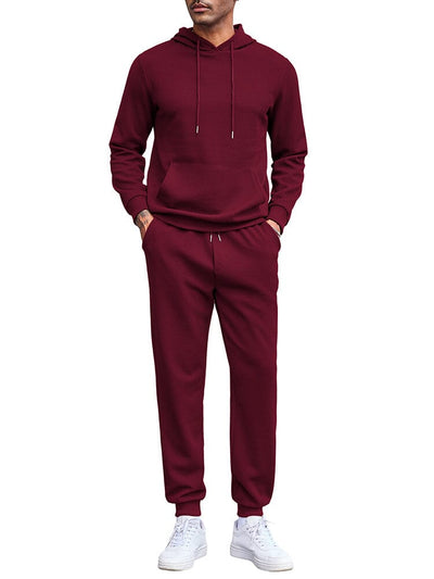 Waffle 2-Piece Hoodie Jogging Set (US Only) Sports Set coofandy Wine Red S 