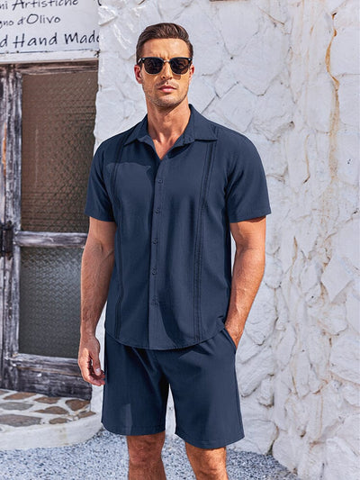 Soft Cuban Shirt Shorts Set (US Only) Sets coofandy Navy Blue S 