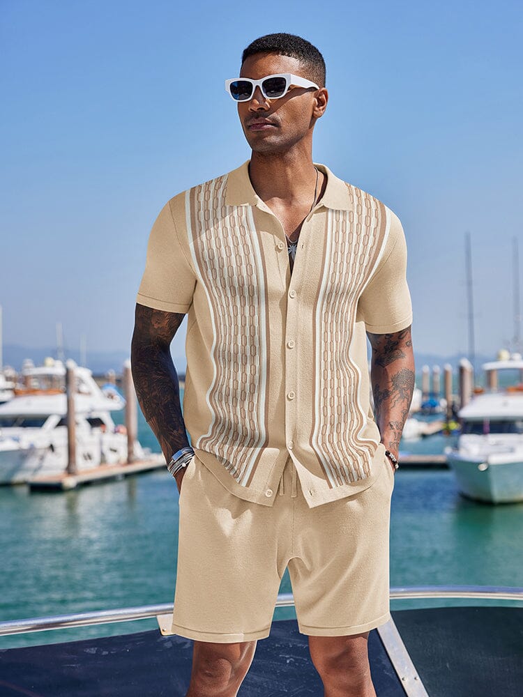 Vintage Knit Shirt Shorts Set (US Only) Beach Sets coofandy Khaki S 