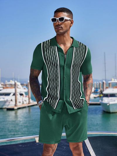 Vintage Knit Shirt Shorts Set (US Only) Beach Sets coofandy Dark Green S 