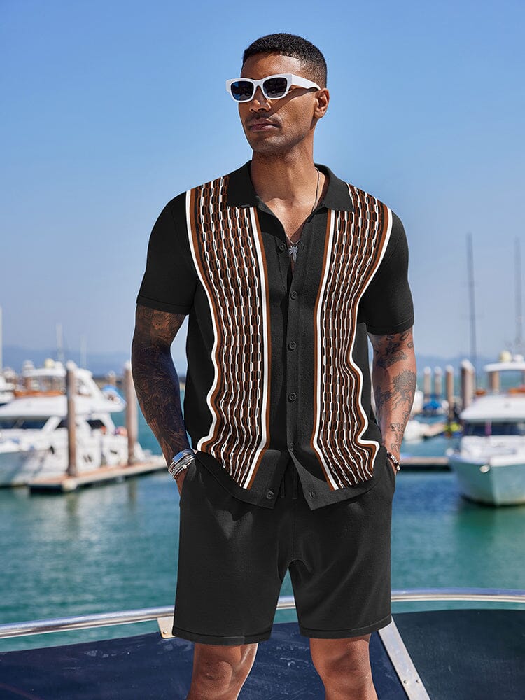 Vintage Knit Shirt Shorts Set (US Only) Beach Sets coofandy Black & Brown S 