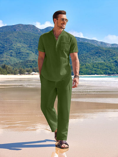 Casual Beach Cotton Linen Set (US Only) Beach Sets coofandy Army Green S 