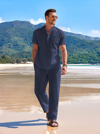 Casual Beach Cotton Linen Set (US Only) Beach Sets coofandy Navy Blue S 