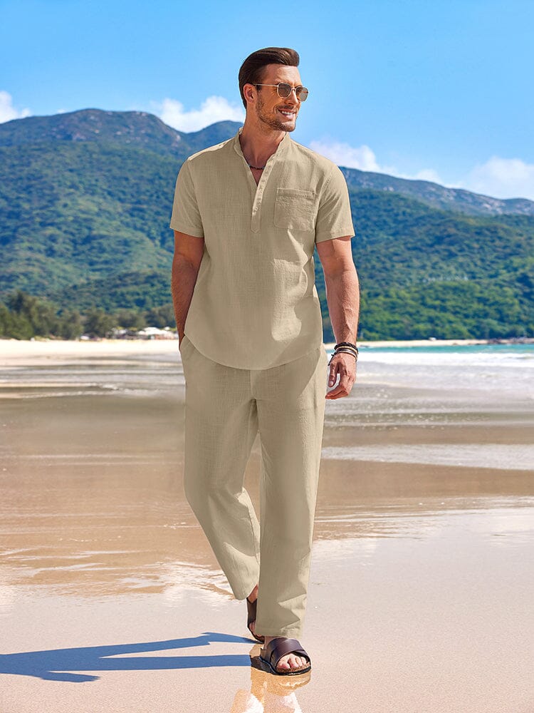 Casual Beach Cotton Linen Set (US Only) Beach Sets coofandy Khaki S 