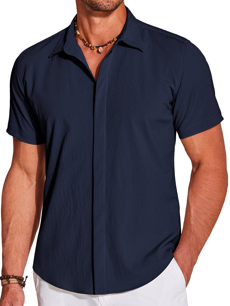 Casual Wrinkle Free Textured Shirt (US Only) Shirts coofandy Navy Blue S 