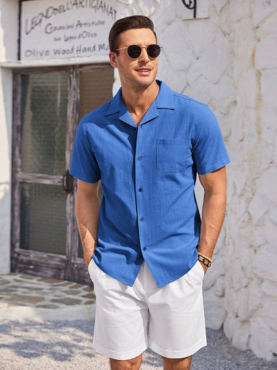 100% Cotton Short Sleeve Beach Shirt (US Only) Shirts & Polos coofandy Blue S 