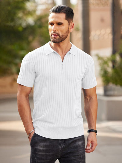 Casual Stretch Ribbed Knit Polo Shirt (US Only) Shirts coofandy 