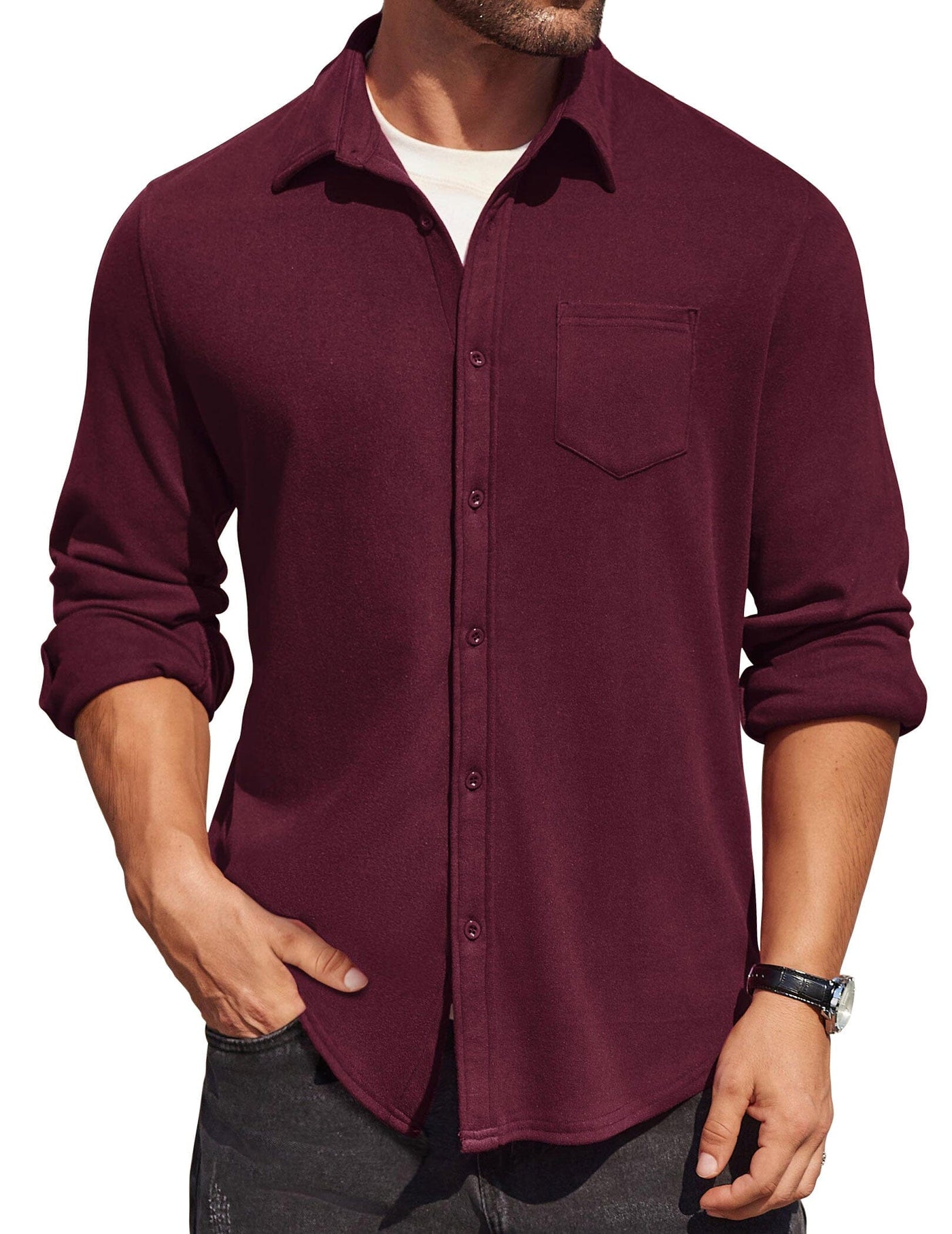 Classic Simple Shirt Jacket (US Only) Shirts coofandy Wine Red S 