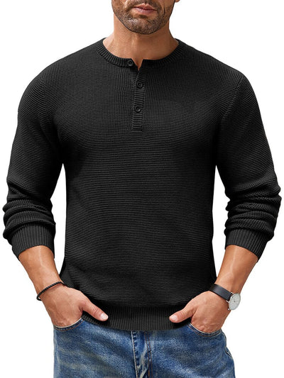 Casual Waffle Texture Henley Sweater (US Only) Sweater coofandy Black S 