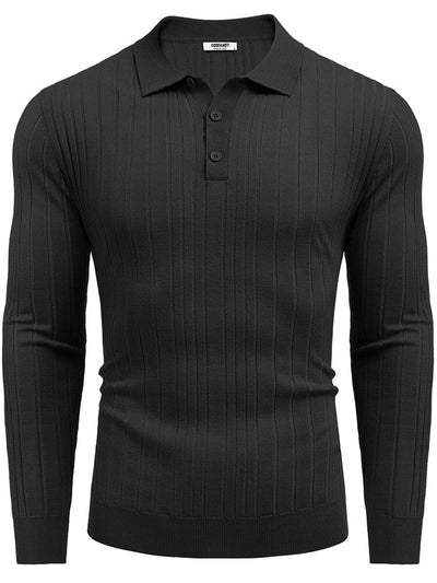 Versatile Ribbed Knit Polo Shirts (US Only) Sweater coofandy Black S 