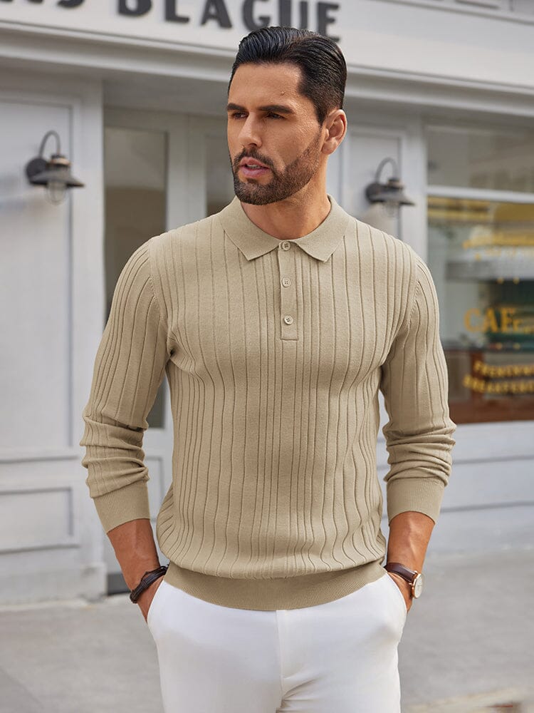 Versatile Ribbed Knit Polo Shirts (US Only) Sweater coofandy Khaki S 