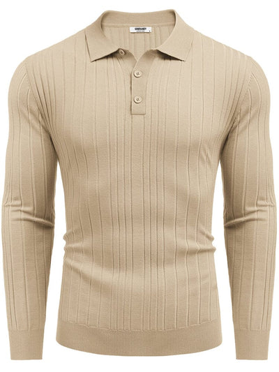 Versatile Ribbed Knit Polo Shirts (US Only) Sweater coofandy Light Khaki S 