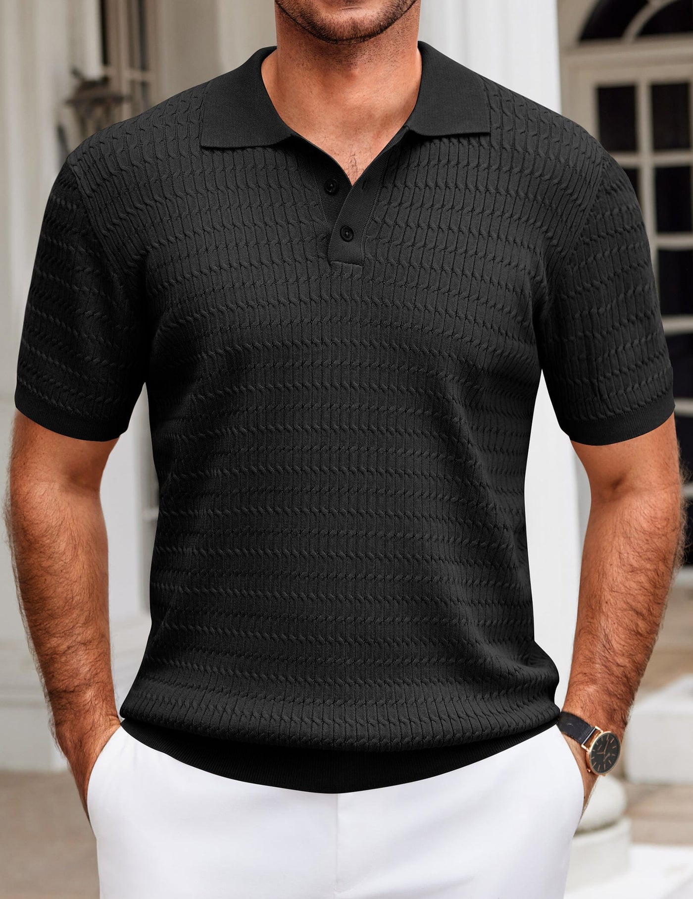 Casual Textured Knit Polo Shirt (US Only) Shirts coofandy Black S 