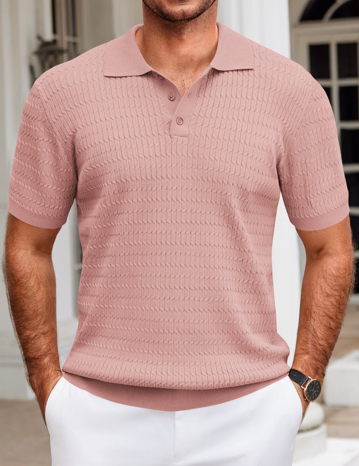 Casual Textured Knit Polo Shirt (US Only) Shirts coofandy Pink S 