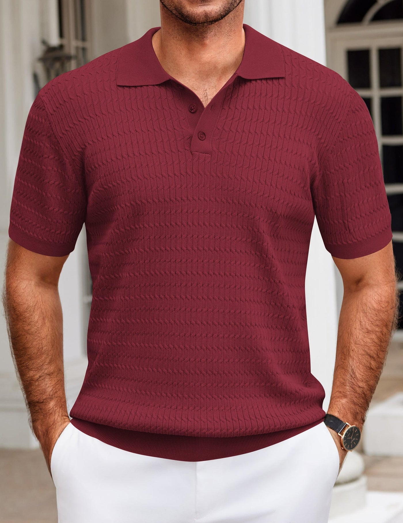 Casual Textured Knit Polo Shirt (US Only) Shirts coofandy Wine Red S 