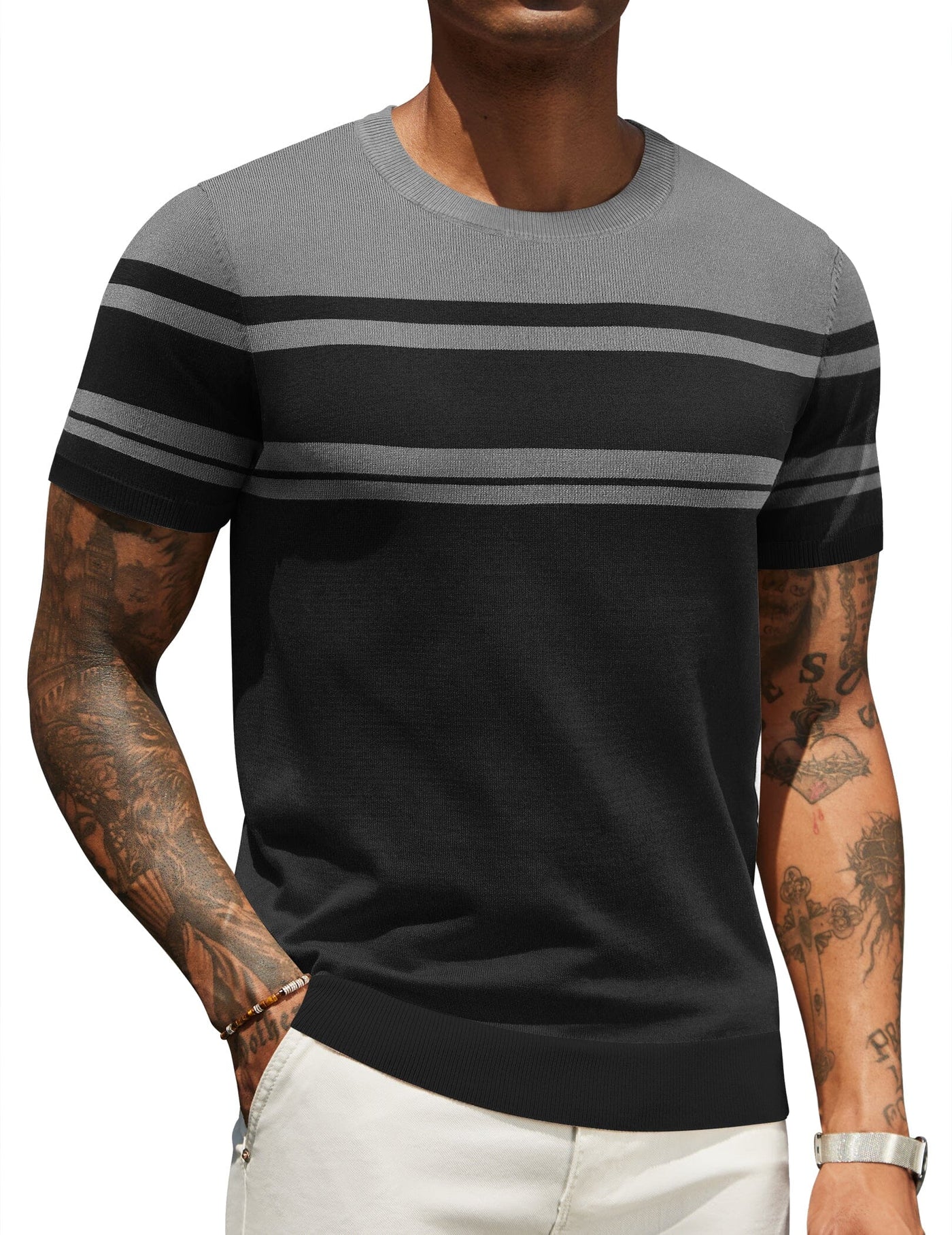 Casual Basic Knit T-Shirt (US Only) Shirts coofandy Gray Stripe S 