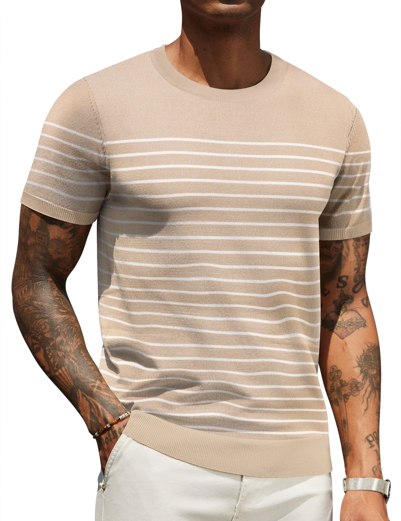 Casual Basic Knit T-Shirt (US Only) Shirts coofandy Khaki Stripe S 